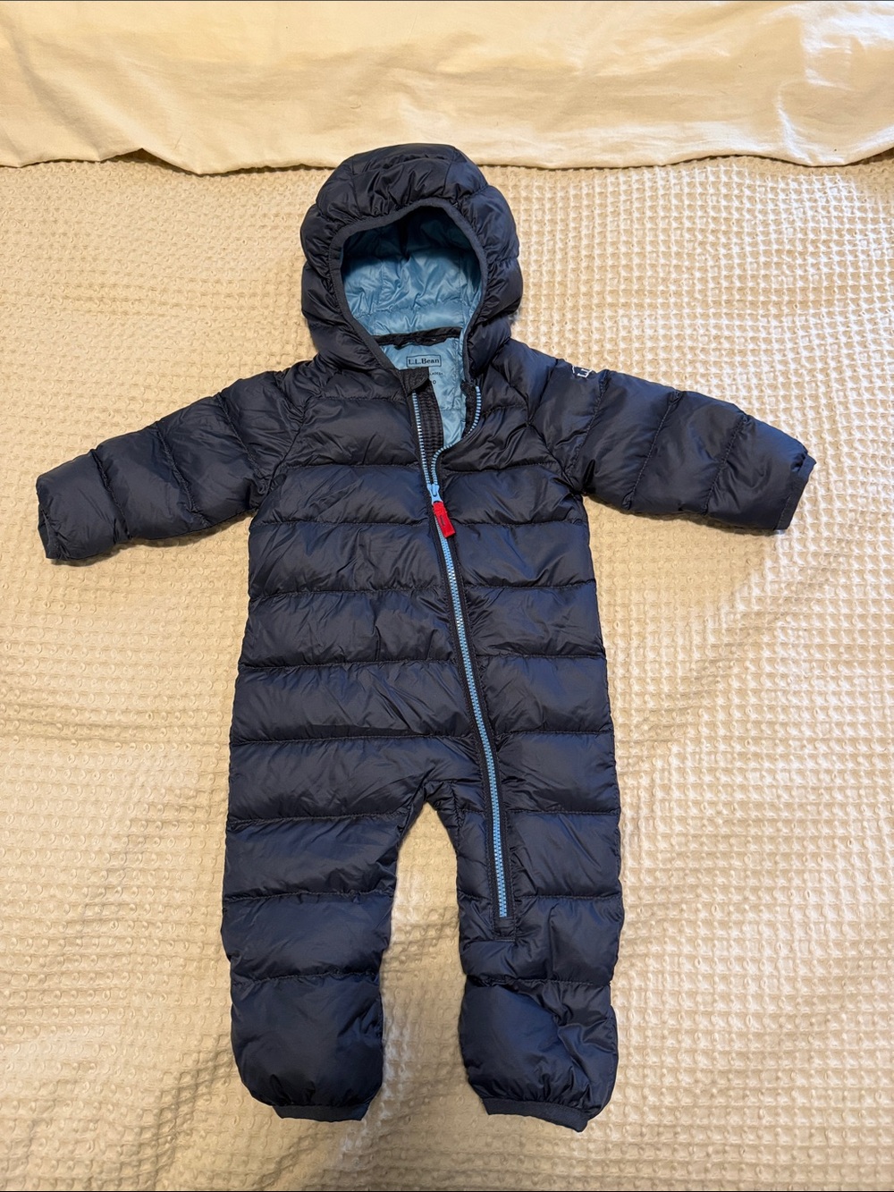 L.L. Bean Navy Hooded Puffer Footie with Light Blue Lining